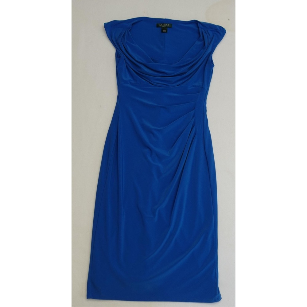 Lauren Ralph Lauren Dress Womens 4 Blue Sheath Cowl Neck Ruched Knee Length